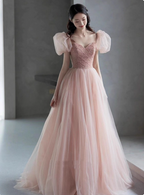 Sweet Pink A-Line Puff Sleeve Beaded Tulle Long Classy Prom Dress