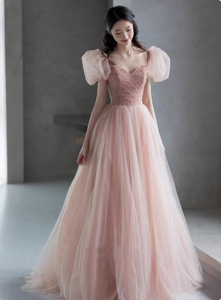 Sweet Pink A-Line Puff Sleeve Beaded Tulle Long Classy Prom Dress