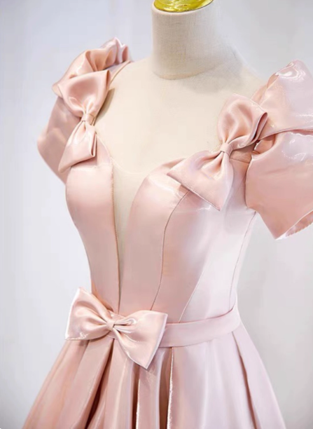 Sweet Pink A-Line Puff Sleeve Bow Satin Long Classy Prom Dress