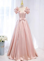 Sweet Pink A-Line Puff Sleeve Bow Satin Long Classy Prom Dress
