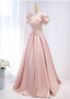 Sweet Pink A-Line Puff Sleeve Bow Satin Long Classy Prom Dress