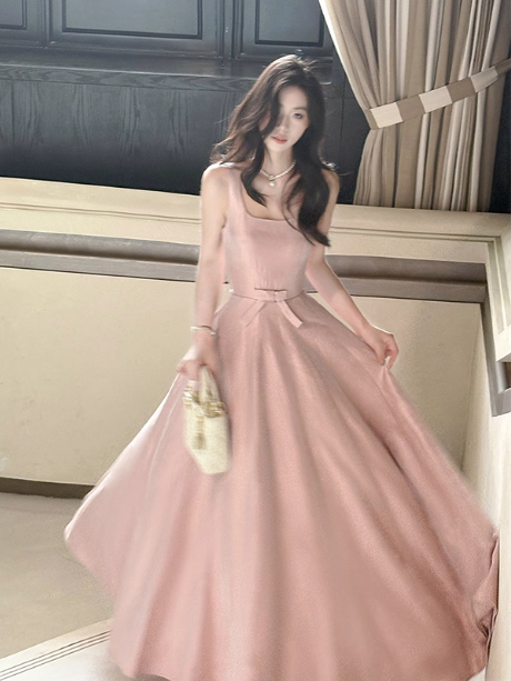 Sweet Pink A-Line Spaghetti Strap Square Neck Satin Long Classy Prom Dress Bridesmaid Dress Secondary image