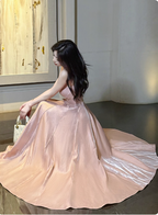 Sweet Pink A-Line Spaghetti Strap Square Neck Satin Long Classy Prom Dress Bridesmaid Dress
