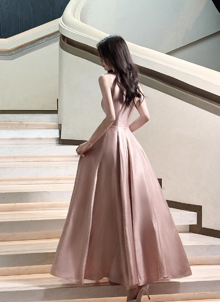 Sweet Pink A-Line Spaghetti Strap Square Neck Satin Long Classy Prom Dress Bridesmaid Dress