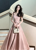 Sweet Pink A-Line Spaghetti Strap Square Neck Satin Long Classy Prom Dress Bridesmaid Dress