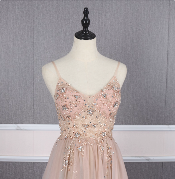 Sweet Pink A-Line Spaghetti Strap V-Neck Beaded Tulle Train Classy Prom Dress