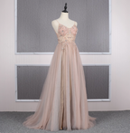 Sweet Pink A-Line Spaghetti Strap V-Neck Beaded Tulle Train Classy Prom Dress