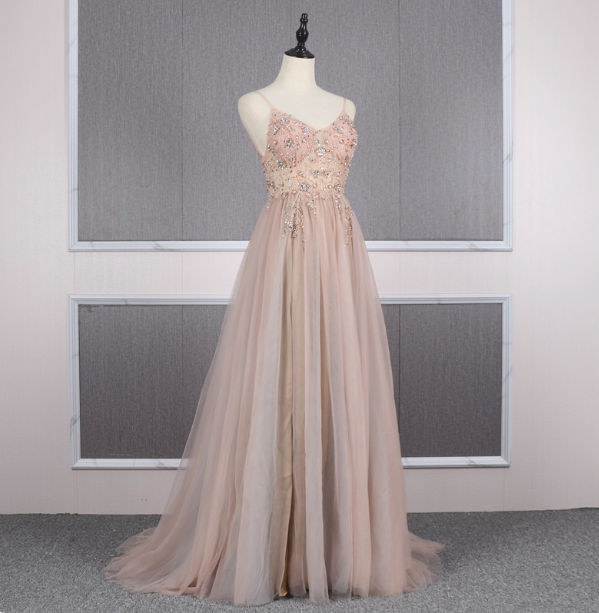 Sweet Pink A-Line Spaghetti Strap V-Neck Beaded Tulle Train Classy Prom Dress