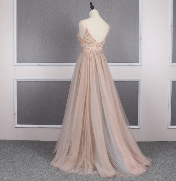 Sweet Pink A-Line Spaghetti Strap V-Neck Beaded Tulle Train Classy Prom Dress