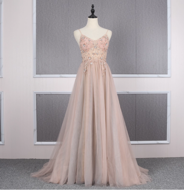 Sweet Pink A-Line Spaghetti Strap V-Neck Beaded Tulle Train Classy Prom Dress Main image