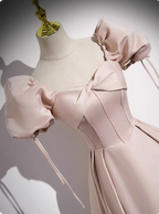 Sweet Pink A-Line Square Neck Puff Sleeve Satin Long Classy Prom Dress