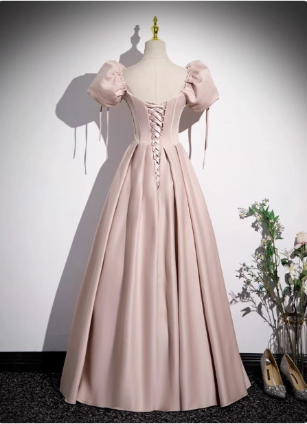 Sweet Pink A-Line Square Neck Puff Sleeve Satin Long Classy Prom Dress