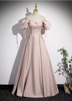 Sweet Pink A-Line Square Neck Puff Sleeve Satin Long Classy Prom Dress