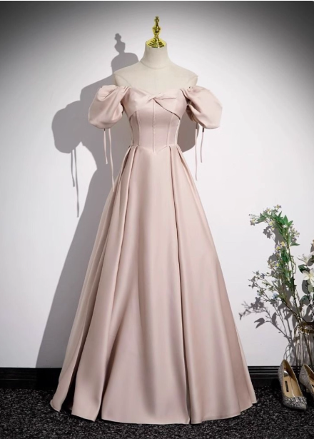 Sweet Pink A-Line Square Neck Puff Sleeve Satin Long Classy Prom Dress