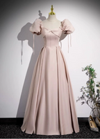 Sweet Pink A-Line Square Neck Puff Sleeve Satin Long Classy Prom Dress