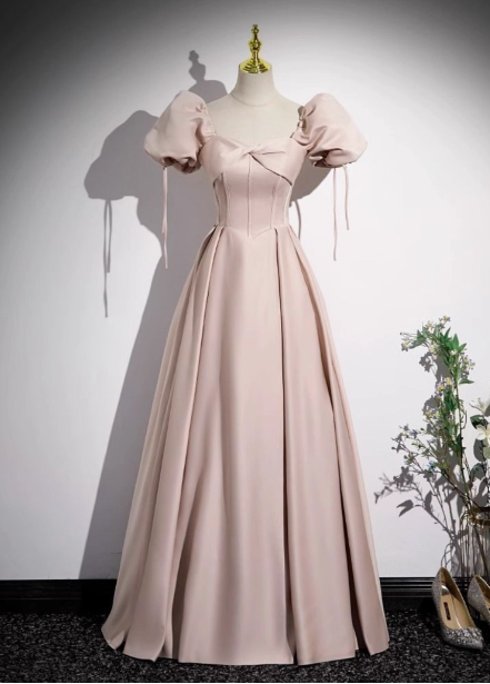 Sweet Pink A-Line Square Neck Puff Sleeve Satin Long Classy Prom Dress