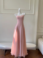 Sweet Pink A-Line Strap Chiffon Long Classy Prom Dress