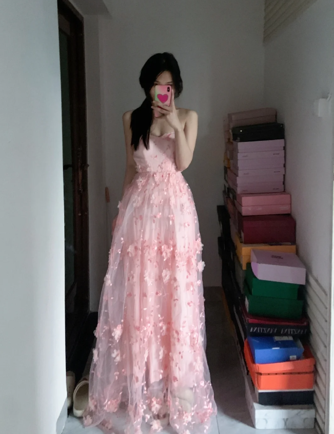 Sweet Pink A-Line Strapless 3D Floral Tulle Long Classy Prom Dress Secondary image