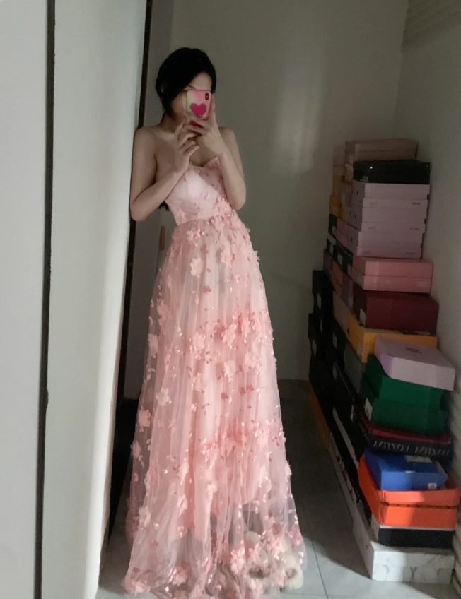 Sweet Pink A-Line Strapless 3D Floral Tulle Long Classy Prom Dress