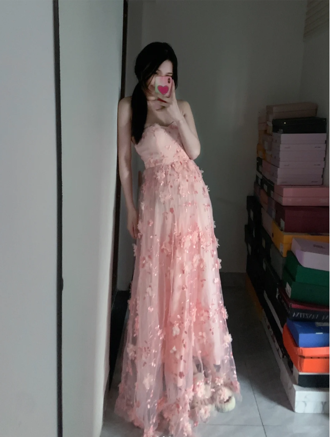 Sweet Pink A-Line Strapless 3D Floral Tulle Long Classy Prom Dress