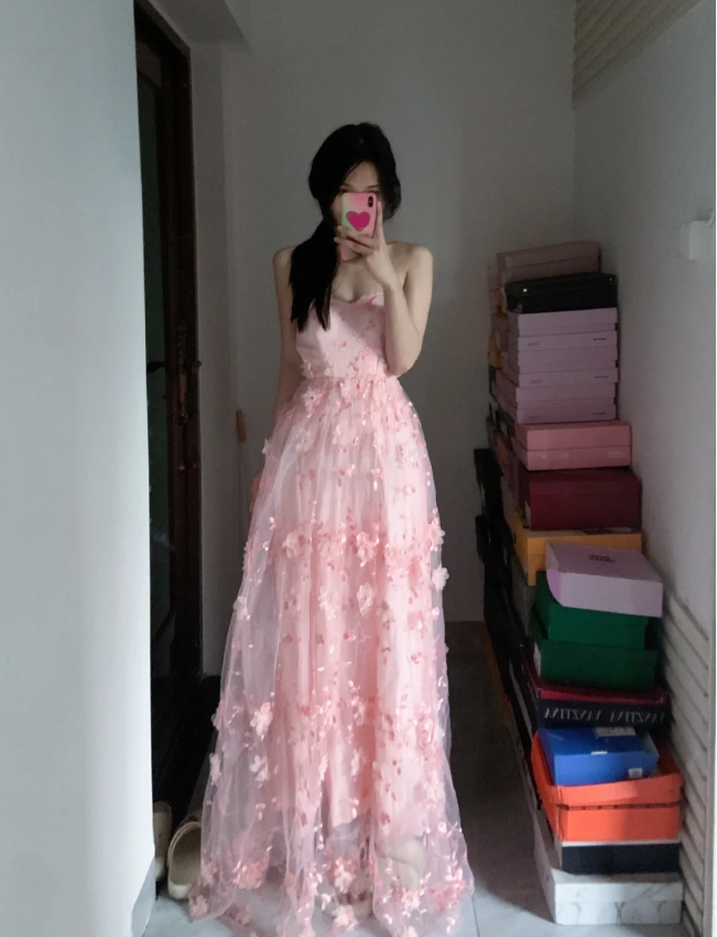 Sweet Pink A-Line Strapless 3D Floral Tulle Long Classy Prom Dress