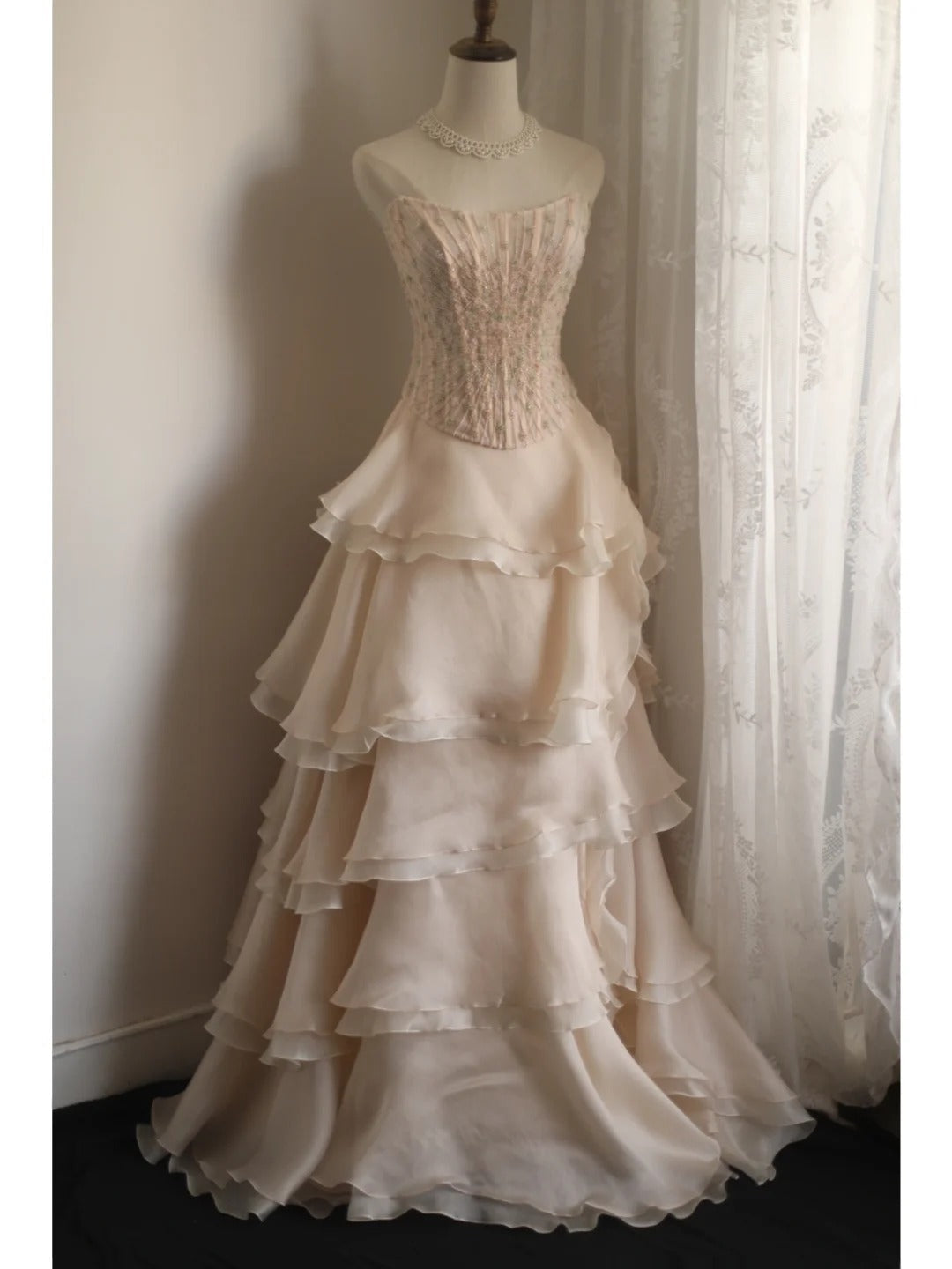 Sweet Pink A-Line Strapless Beaded Layered Chiffon Long Classy Prom Dress Secondary image