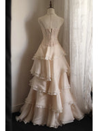 Sweet Pink A-Line Strapless Beaded Layered Chiffon Long Classy Prom Dress