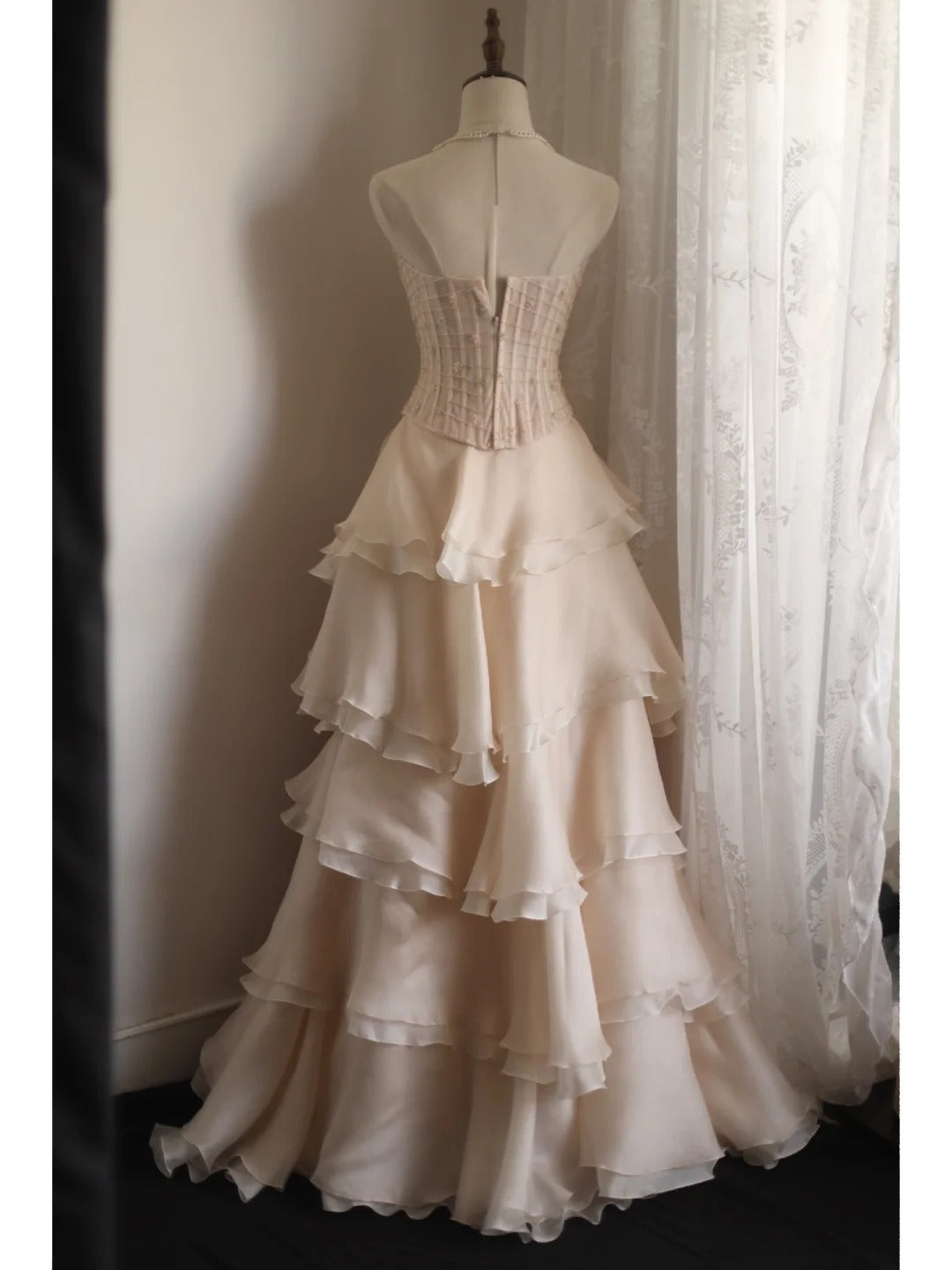 Sweet Pink A-Line Strapless Beaded Layered Chiffon Long Classy Prom Dress
