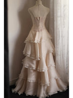 Sweet Pink A-Line Strapless Beaded Layered Chiffon Long Classy Prom Dress