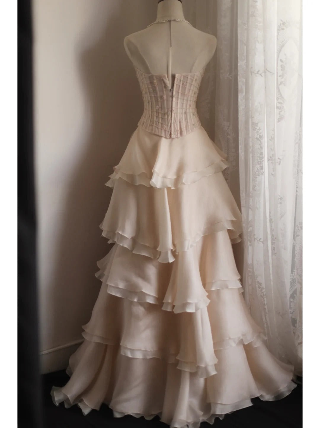 Sweet Pink A-Line Strapless Beaded Layered Chiffon Long Classy Prom Dress