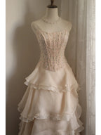 Sweet Pink A-Line Strapless Beaded Layered Chiffon Long Classy Prom Dress