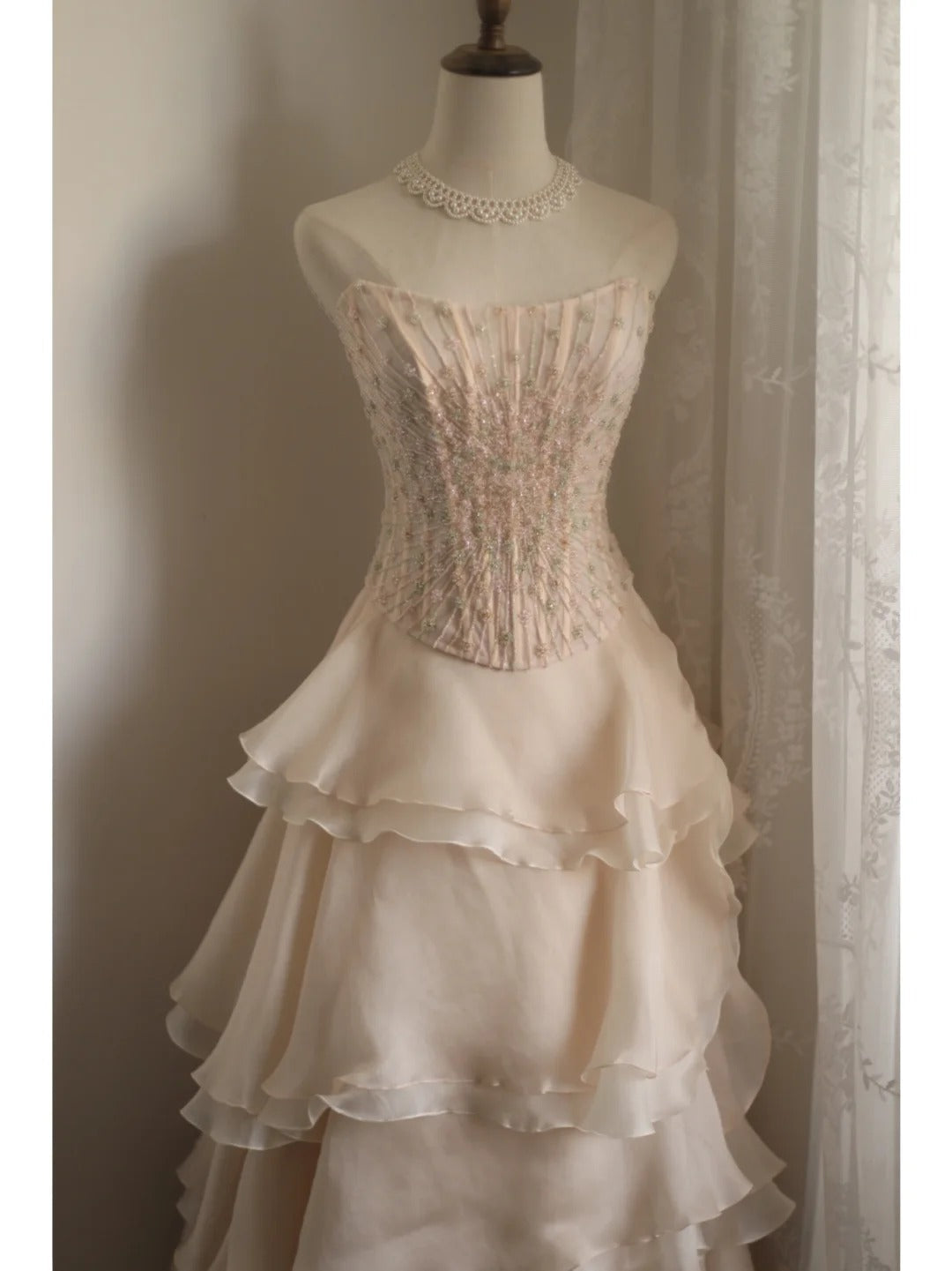 Sweet Pink A-Line Strapless Beaded Layered Chiffon Long Classy Prom Dress