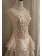 Sweet Pink A-Line Strapless Beaded Layered Chiffon Long Classy Prom Dress