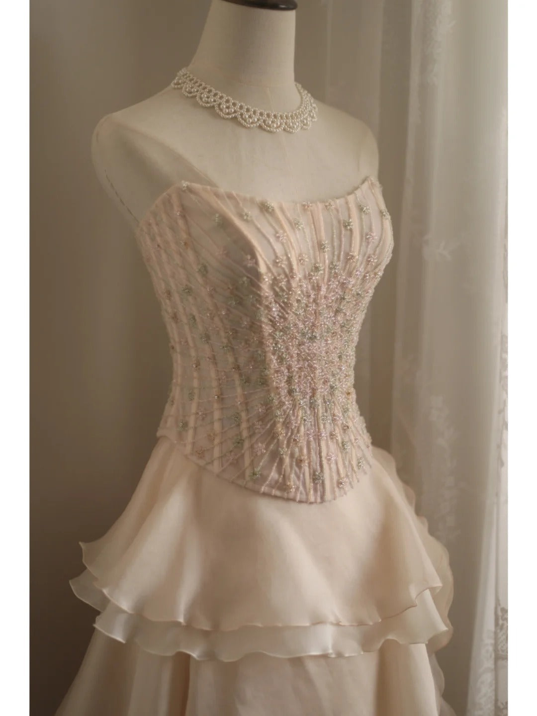 Sweet Pink A-Line Strapless Beaded Layered Chiffon Long Classy Prom Dress
