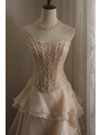 Sweet Pink A-Line Strapless Beaded Layered Chiffon Long Classy Prom Dress