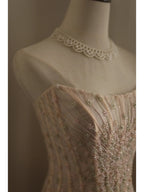 Sweet Pink A-Line Strapless Beaded Layered Chiffon Long Classy Prom Dress
