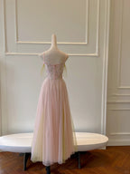 Sweet Pink A-Line Suspenders Sequined Tulle Long Classy Prom Dress Bridesmaid Dress