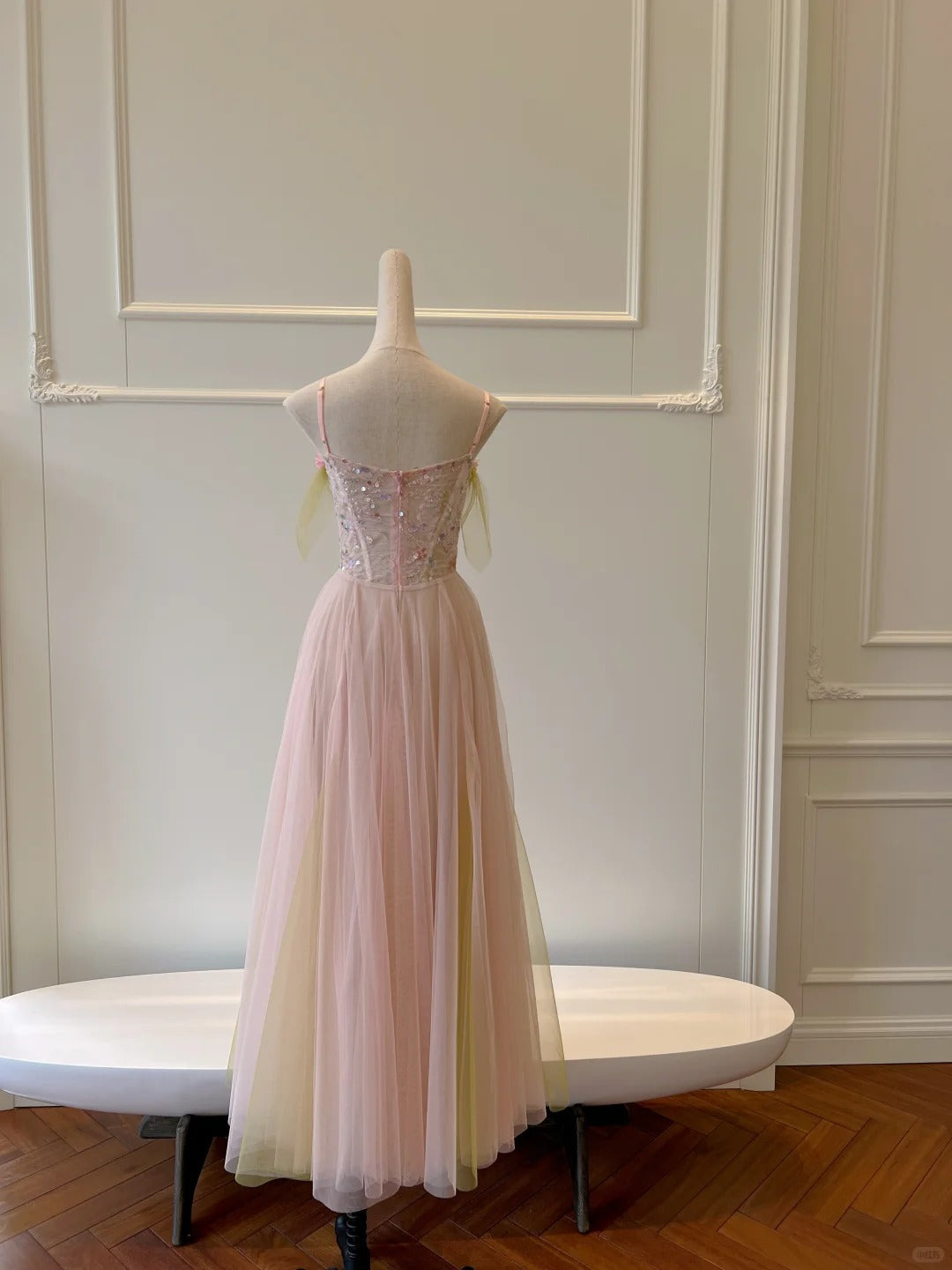 Sweet Pink A-Line Suspenders Sequined Tulle Long Classy Prom Dress Bridesmaid Dress