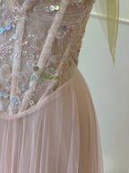 Sweet Pink A-Line Suspenders Sequined Tulle Long Classy Prom Dress Bridesmaid Dress