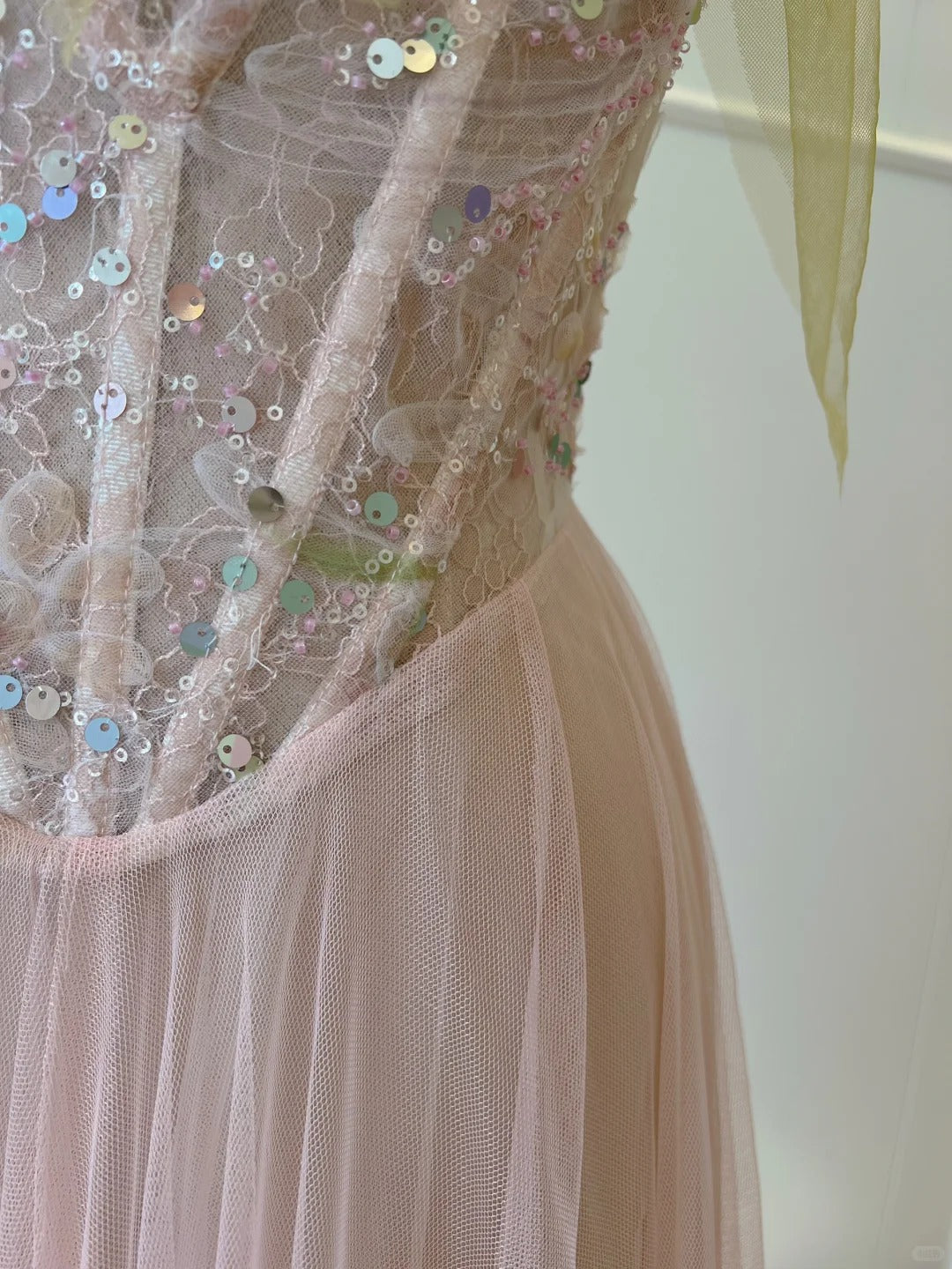 Sweet Pink A-Line Suspenders Sequined Tulle Long Classy Prom Dress Bridesmaid Dress