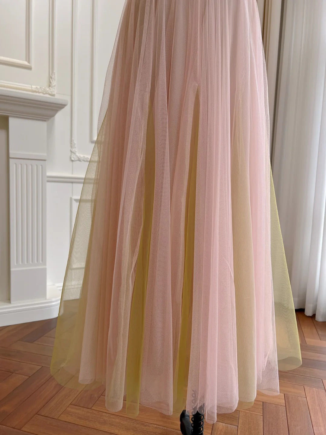 Sweet Pink A-Line Suspenders Sequined Tulle Long Classy Prom Dress Bridesmaid Dress