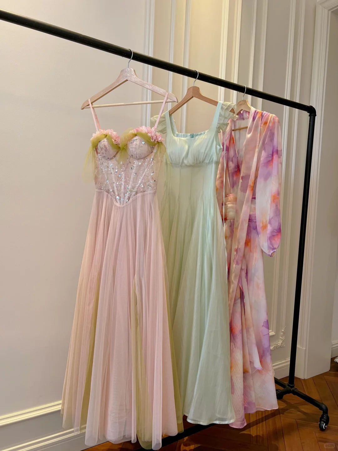 Sweet Pink A-Line Suspenders Sequined Tulle Long Classy Prom Dress Bridesmaid Dress