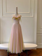 Sweet Pink A-Line Suspenders Sequined Tulle Long Classy Prom Dress Bridesmaid Dress