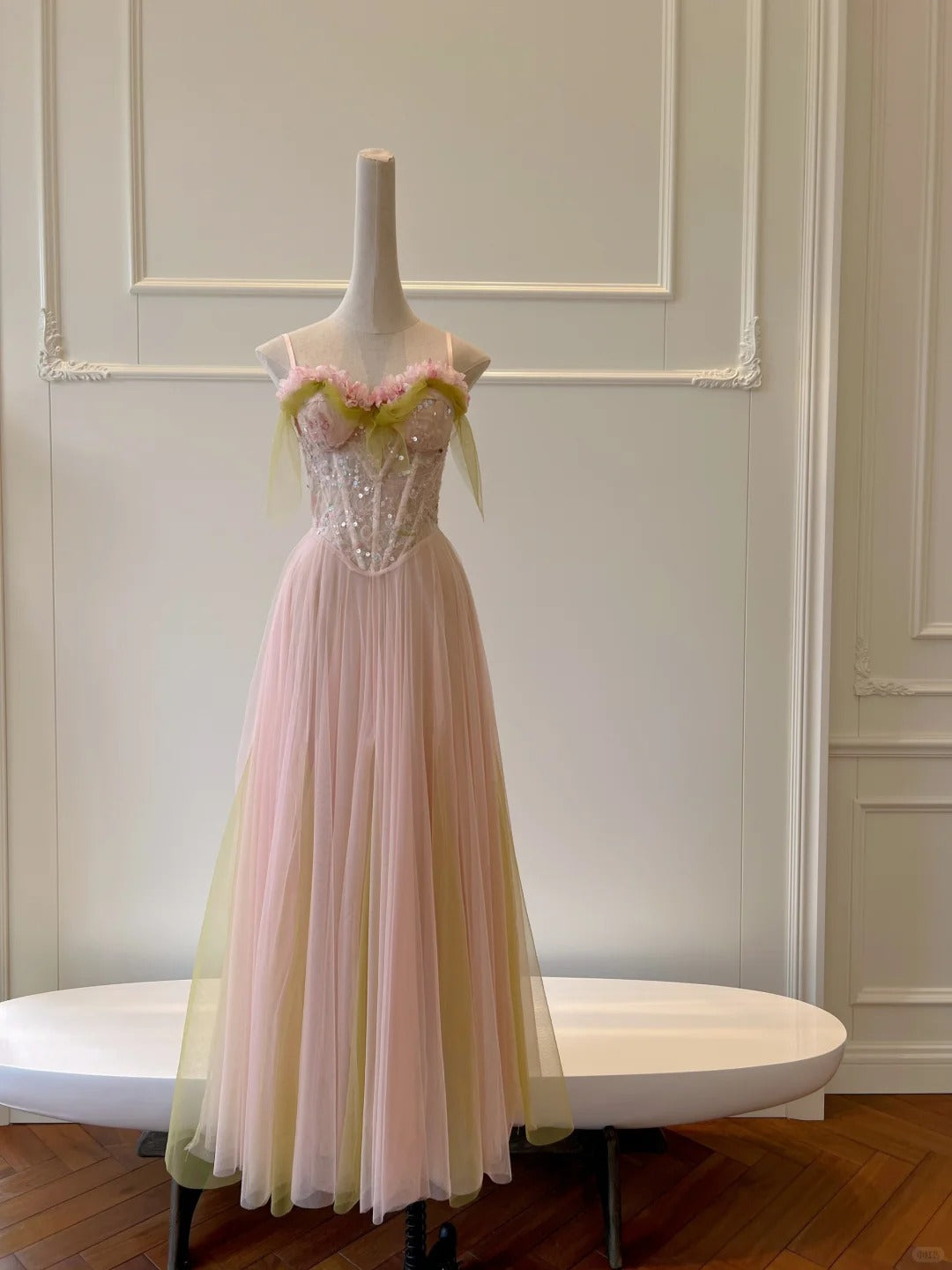 Sweet Pink A-Line Suspenders Sequined Tulle Long Classy Prom Dress Bridesmaid Dress