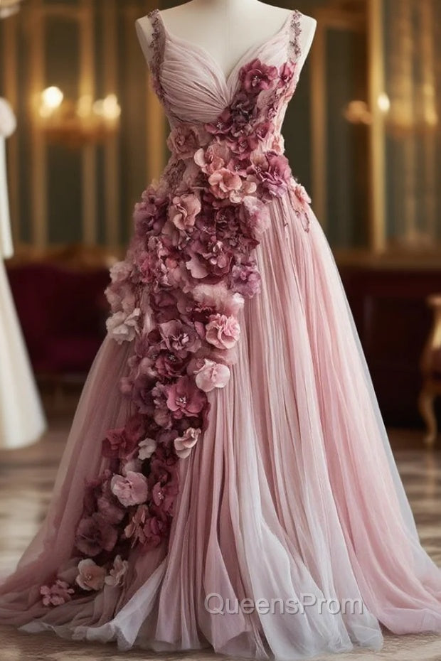 Sweet Pink A-Line Sweetheart Neck Tulle Long Evening Prom Dress 3D Applique Wedding Dress Main image