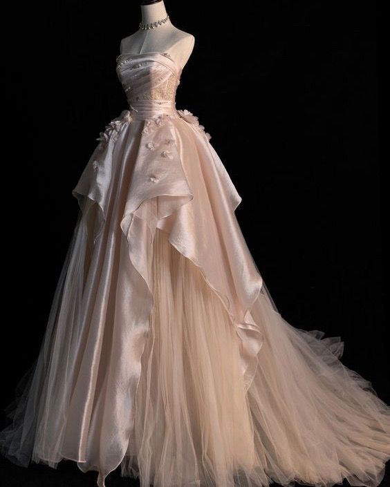 Sweet Pink A-Line Tulle Satin Long Classy Prom Dress Strapless Applique Wedding Dress