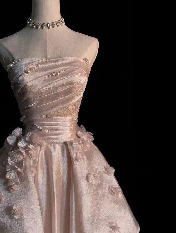 Sweet Pink A-Line Tulle Satin Long Classy Prom Dress Strapless Applique Wedding Dress