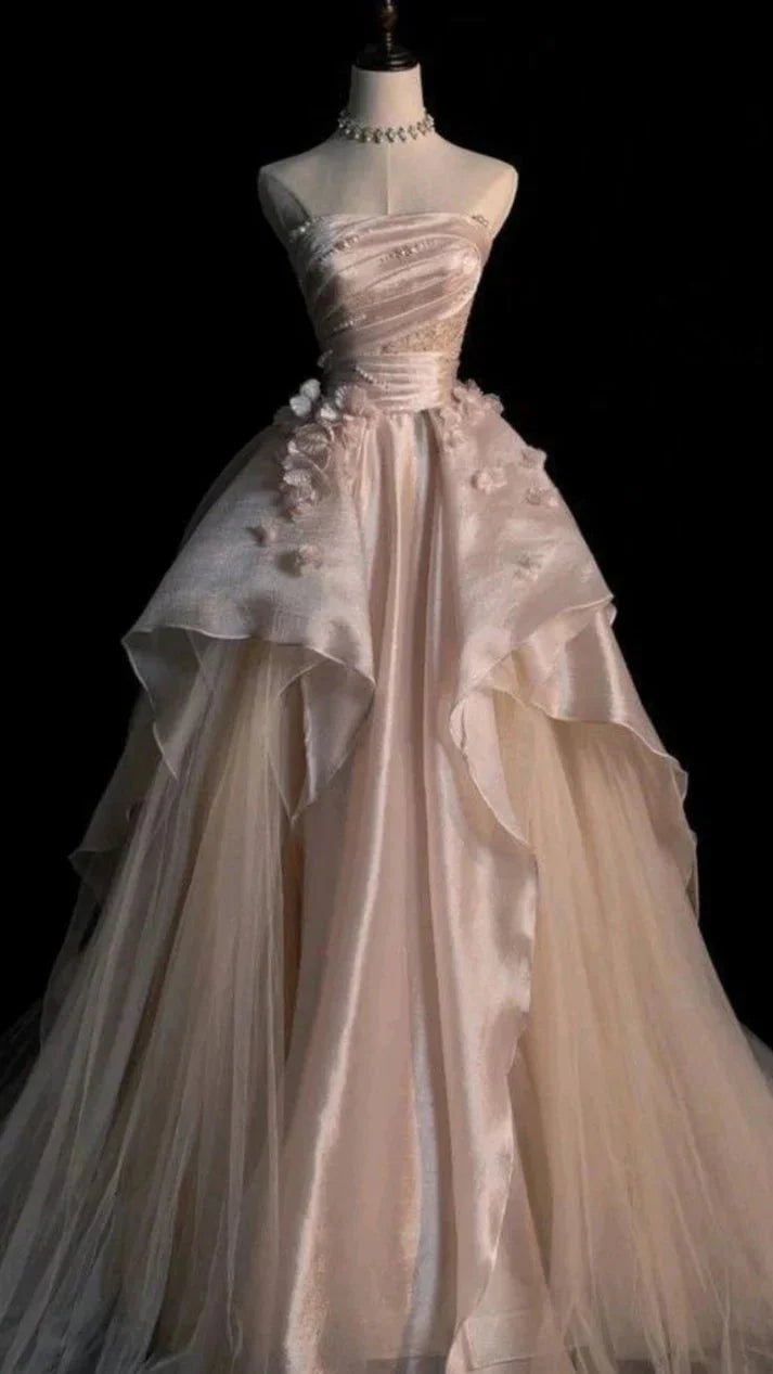 Sweet Pink A-Line Tulle Satin Long Classy Prom Dress Strapless Applique Wedding Dress
