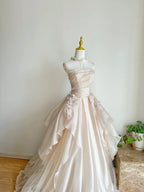Sweet Pink A-Line Tulle Satin Long Classy Prom Dress Strapless Applique Wedding Dress