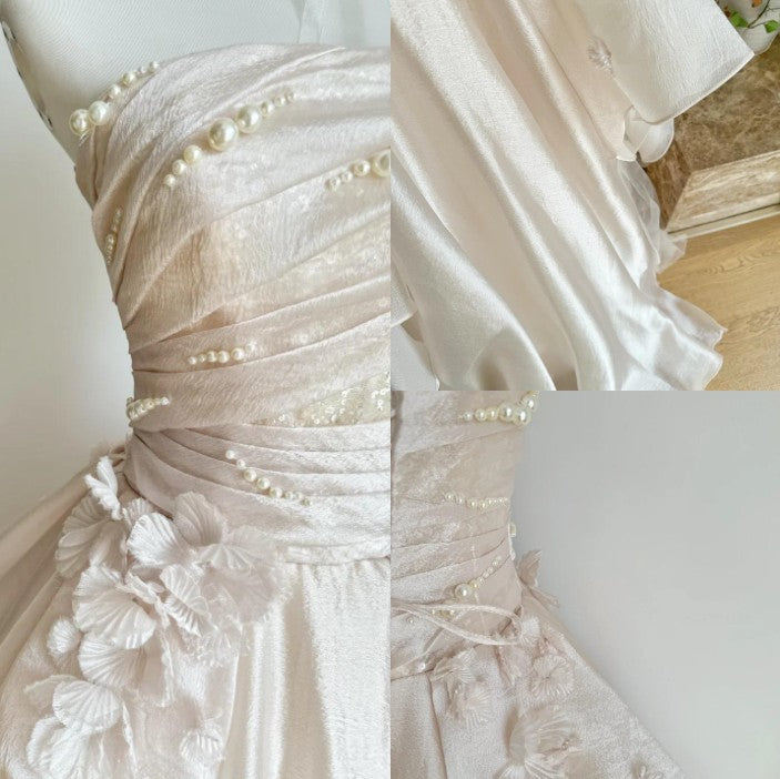 Sweet Pink A-Line Tulle Satin Long Classy Prom Dress Strapless Applique Wedding Dress